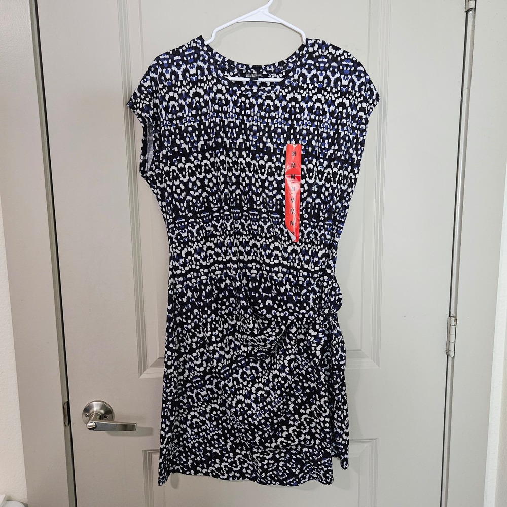 Nicole Miller Original Blue Geometric Draped Faux Wrap Sheath Dress M NEW
